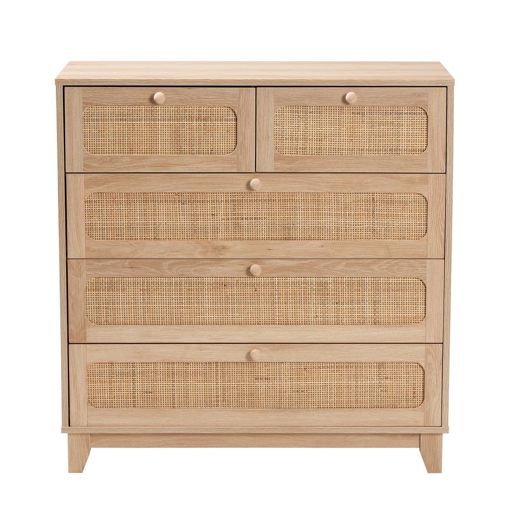 Oak Brown Finished Wood and Natural Rattan 5-Drawer Storage Cabinet. Picture 13