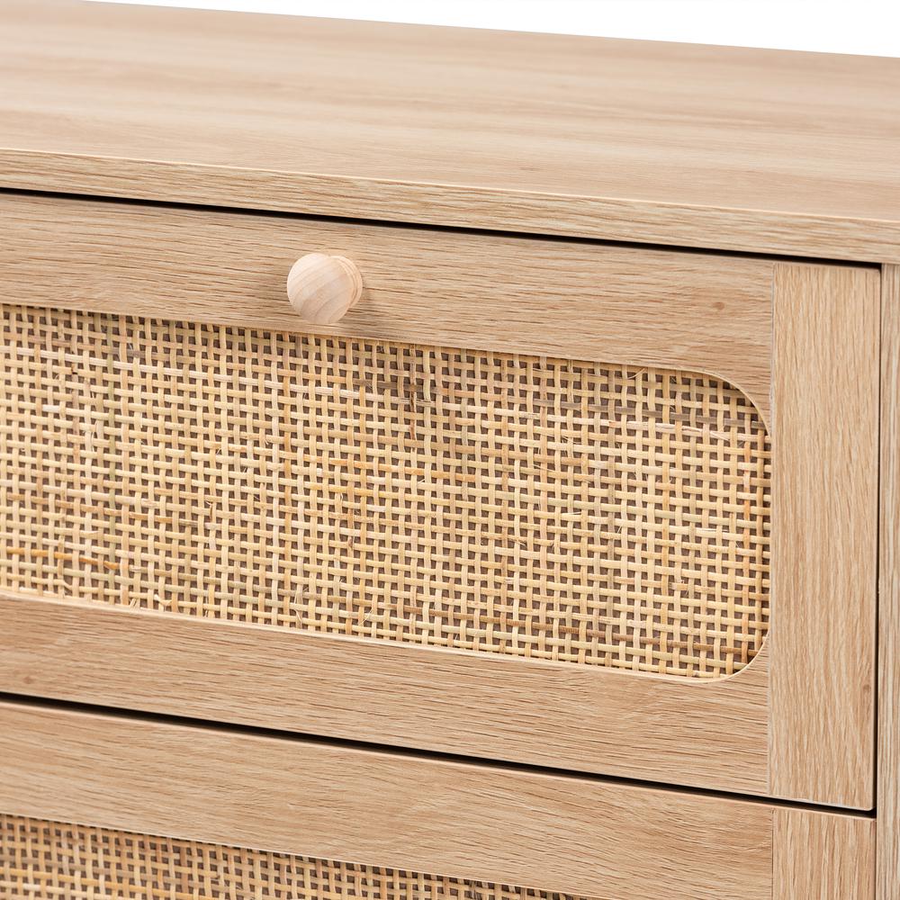 Oak Brown Finished Wood and Natural Rattan 5-Drawer Storage Cabinet. Picture 15