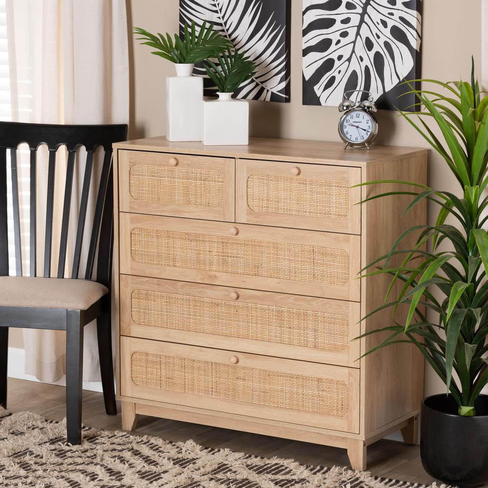 Oak Brown Finished Wood and Natural Rattan 5-Drawer Storage Cabinet. Picture 18