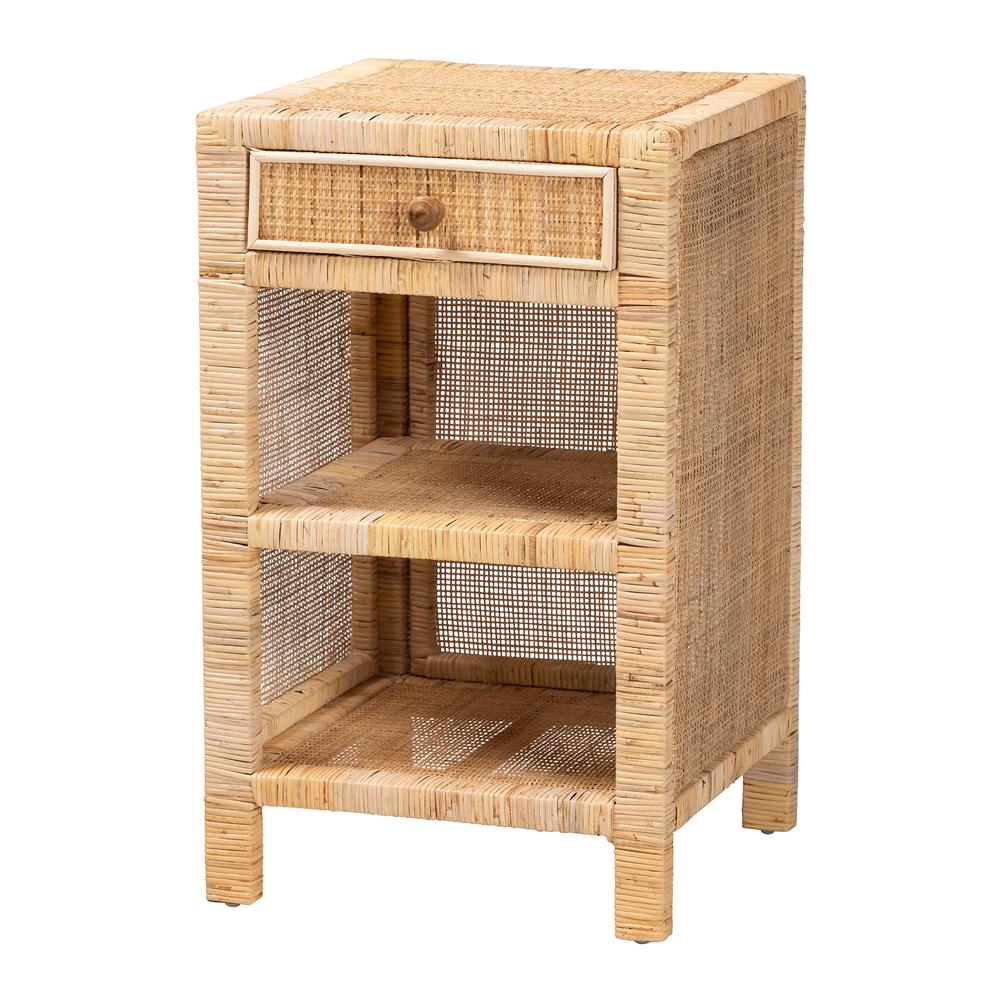 Bohemian Natural Brown Mahogany Wood and Natural Rattan 1-Drawer Nightstand. Picture 12