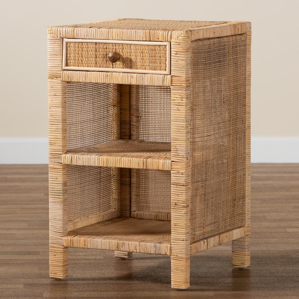 Bohemian Natural Brown Mahogany Wood and Natural Rattan 1-Drawer Nightstand. Picture 21