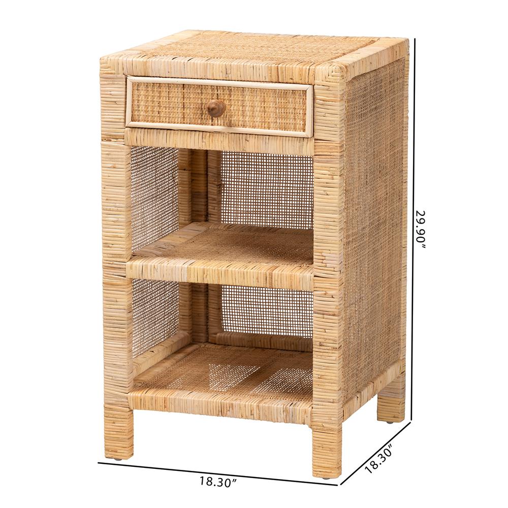Bohemian Natural Brown Mahogany Wood and Natural Rattan 1-Drawer Nightstand. Picture 22