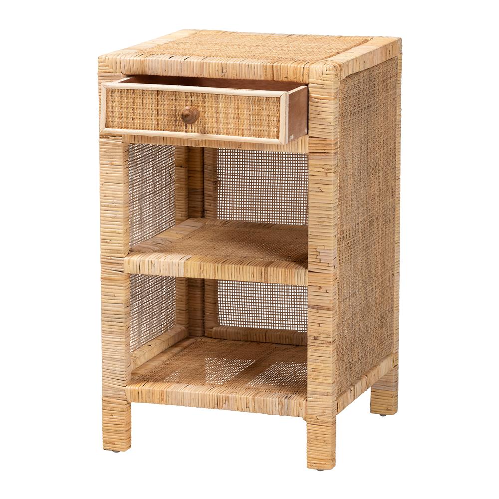 Bohemian Natural Brown Mahogany Wood and Natural Rattan 1-Drawer Nightstand. Picture 13