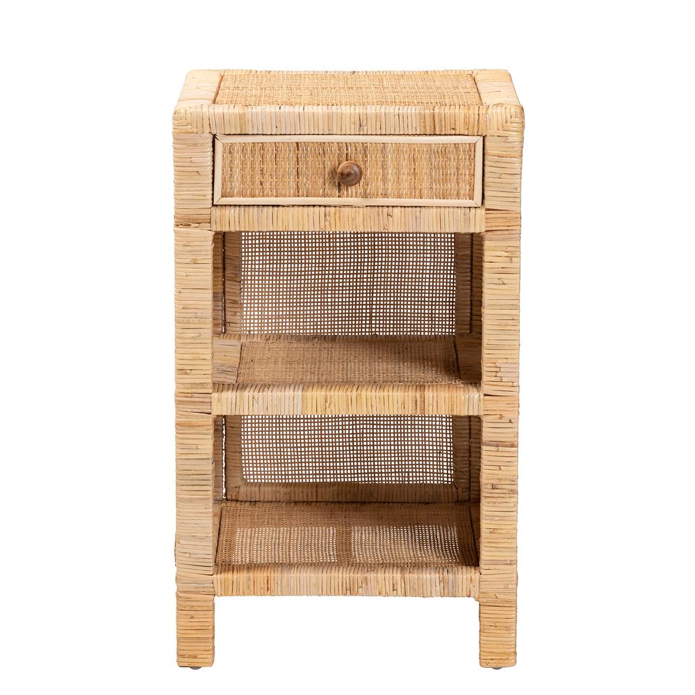 Bohemian Natural Brown Mahogany Wood and Natural Rattan 1-Drawer Nightstand. Picture 14