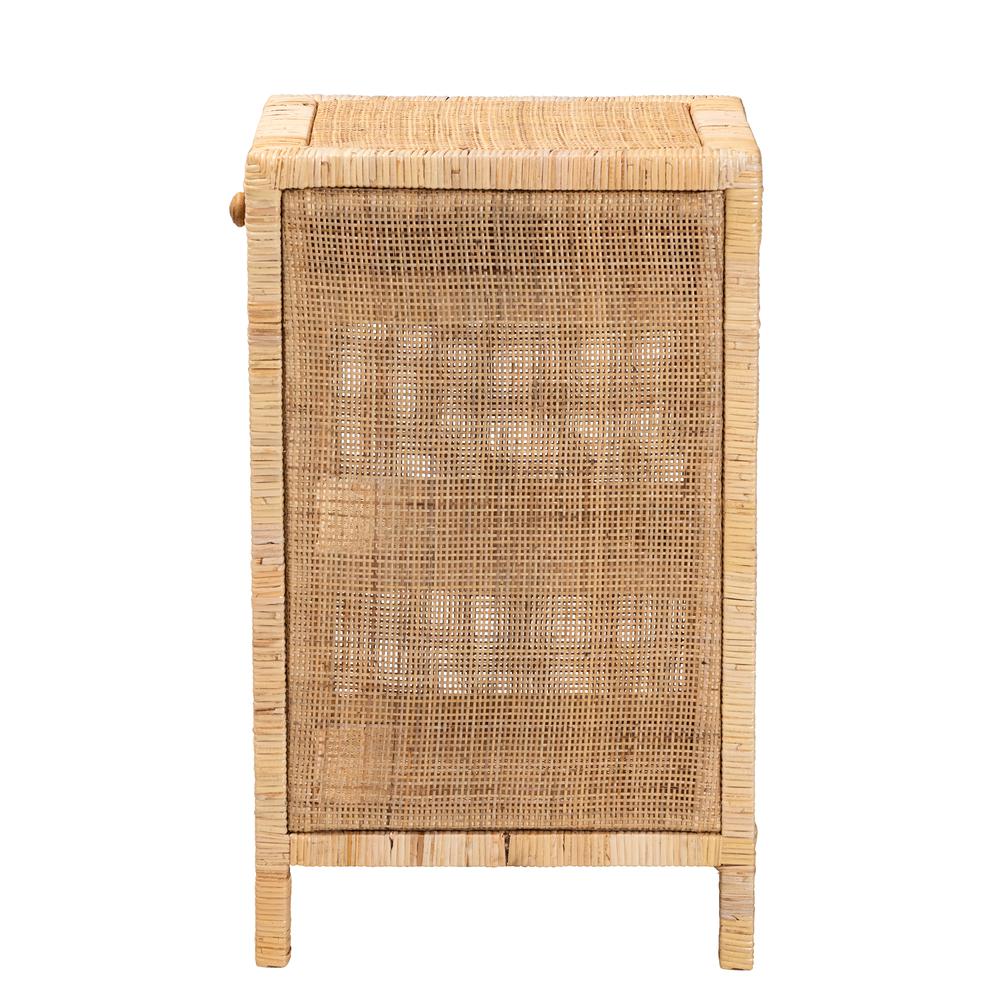 Bohemian Natural Brown Mahogany Wood and Natural Rattan 1-Drawer Nightstand. Picture 15