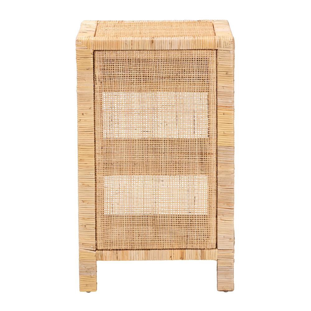 Bohemian Natural Brown Mahogany Wood and Natural Rattan 1-Drawer Nightstand. Picture 16