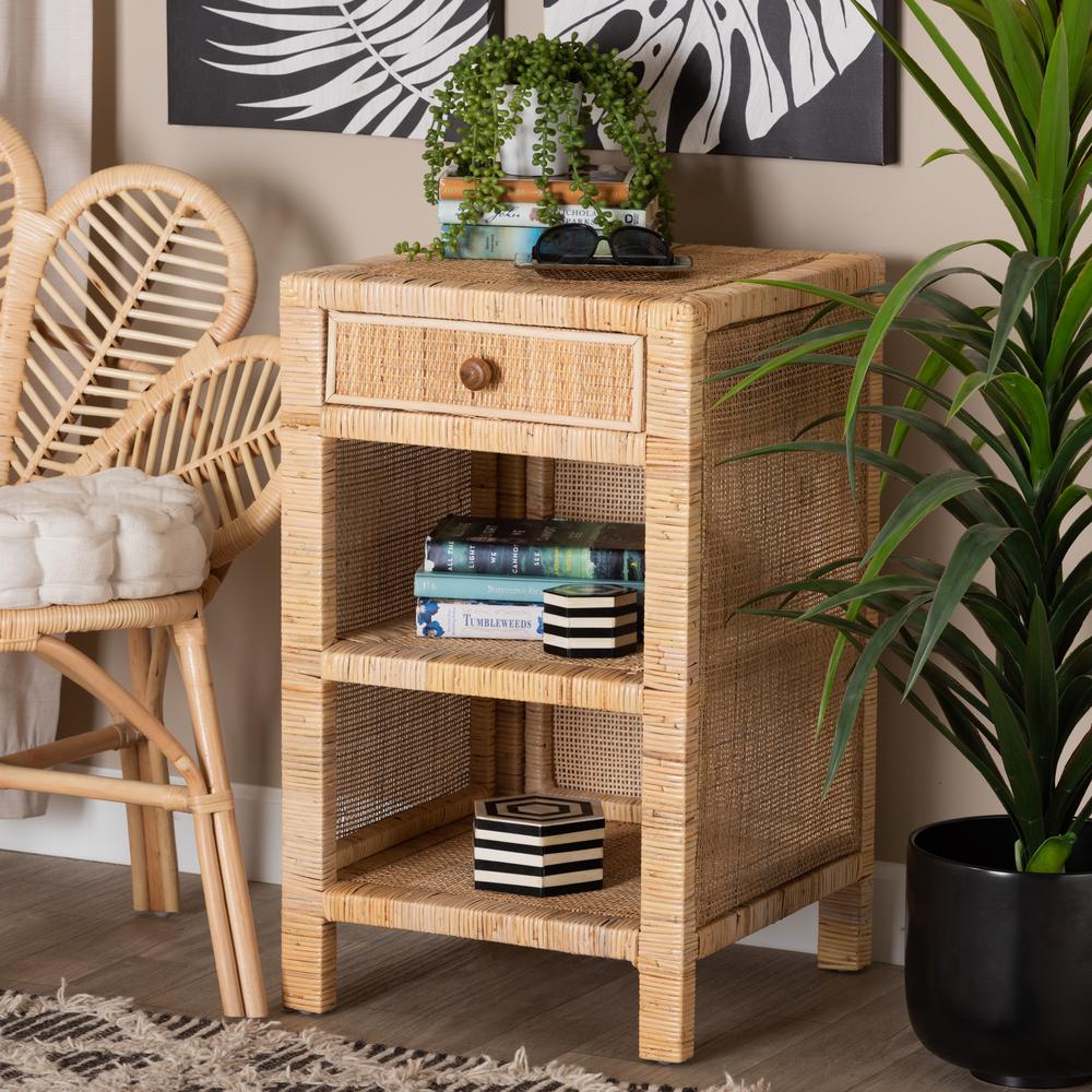 Bohemian Natural Brown Mahogany Wood and Natural Rattan 1-Drawer Nightstand. Picture 20
