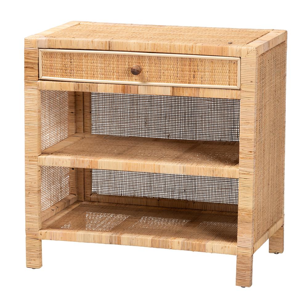 Bohemian Natural Brown Mahogany Wood and Natural Rattan 1-Drawer Console Table. Picture 12