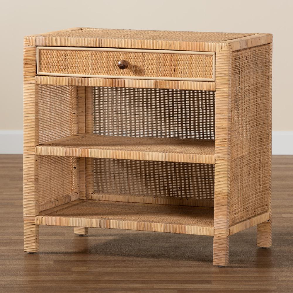 Bohemian Natural Brown Mahogany Wood and Natural Rattan 1-Drawer Console Table. Picture 21