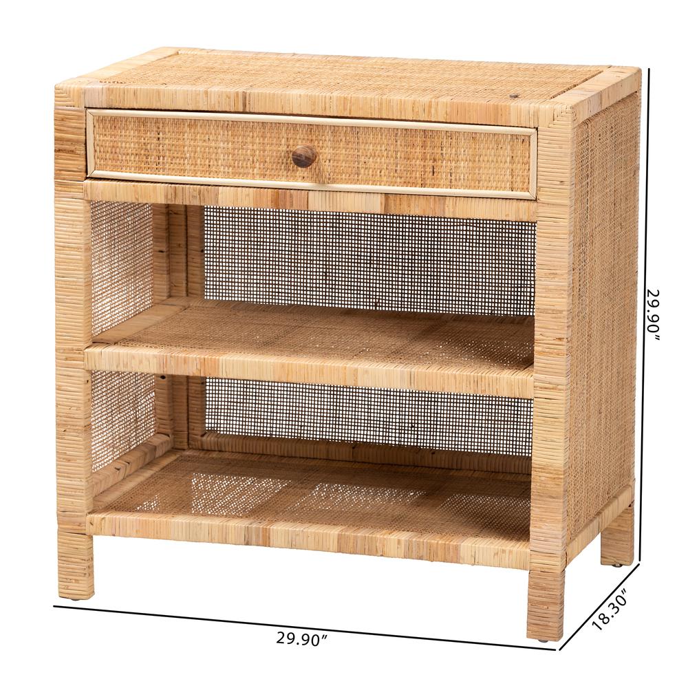 Bohemian Natural Brown Mahogany Wood and Natural Rattan 1-Drawer Console Table. Picture 22