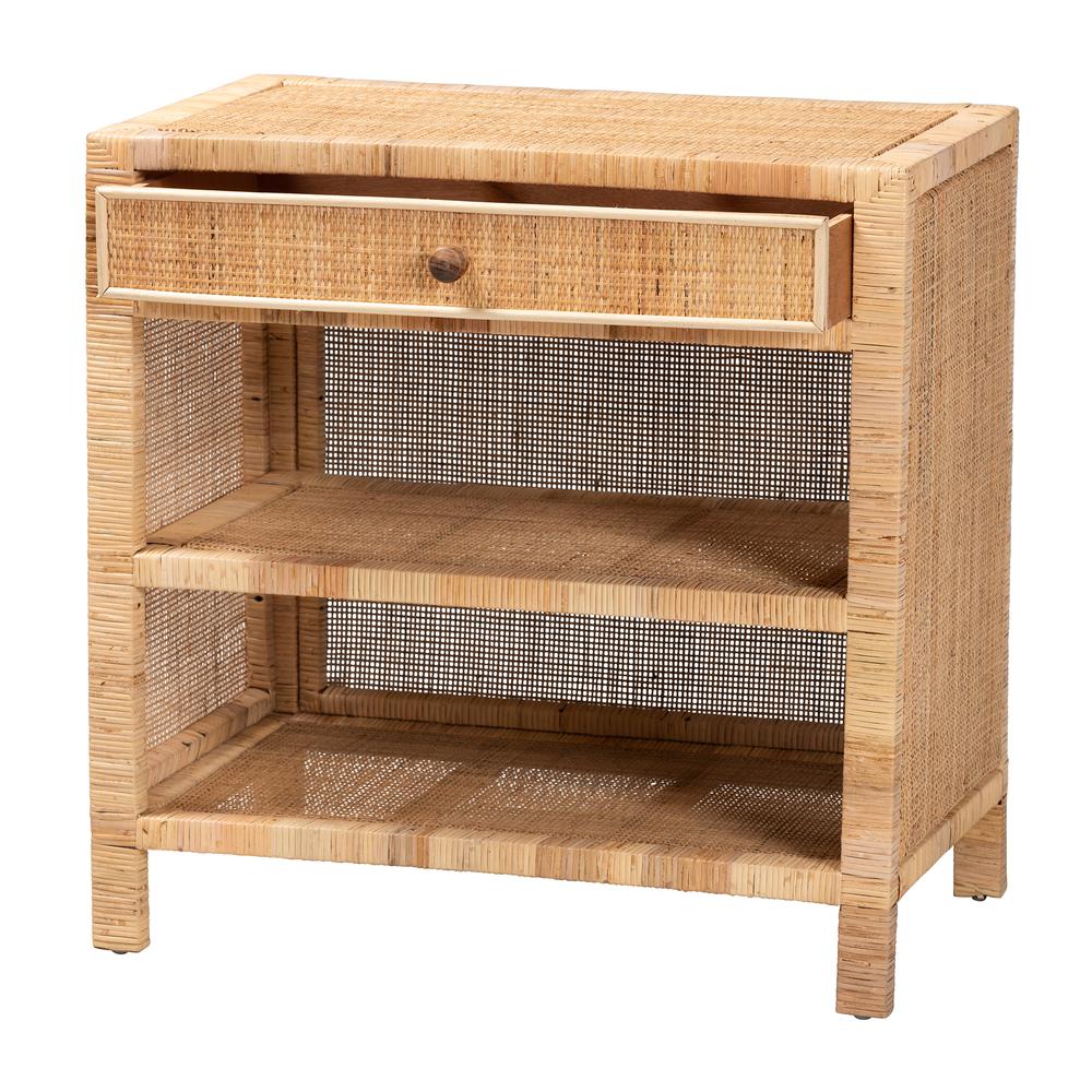 Bohemian Natural Brown Mahogany Wood and Natural Rattan 1-Drawer Console Table. Picture 13