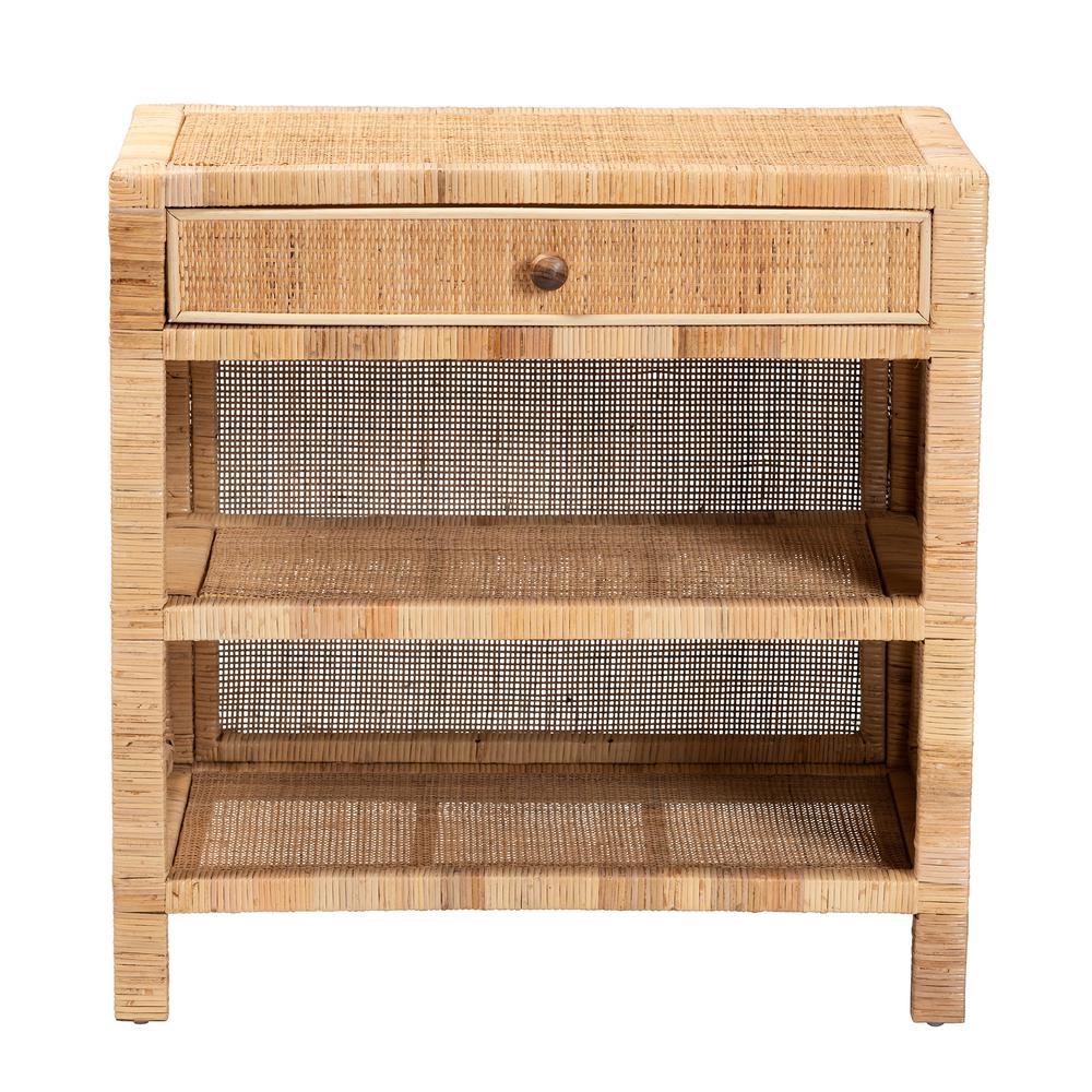 Bohemian Natural Brown Mahogany Wood and Natural Rattan 1-Drawer Console Table. Picture 14