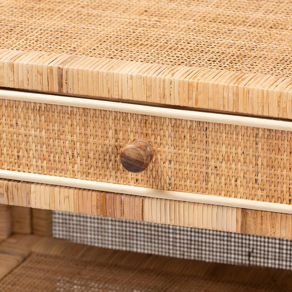 Bohemian Natural Brown Mahogany Wood and Natural Rattan 1-Drawer Console Table. Picture 17
