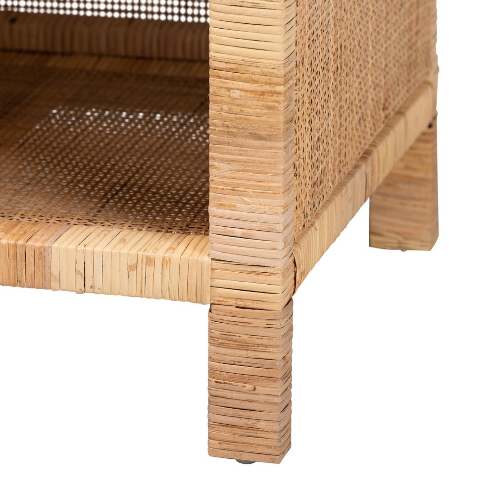 Bohemian Natural Brown Mahogany Wood and Natural Rattan 1-Drawer Console Table. Picture 18