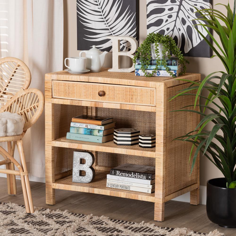 Bohemian Natural Brown Mahogany Wood and Natural Rattan 1-Drawer Console Table. Picture 20