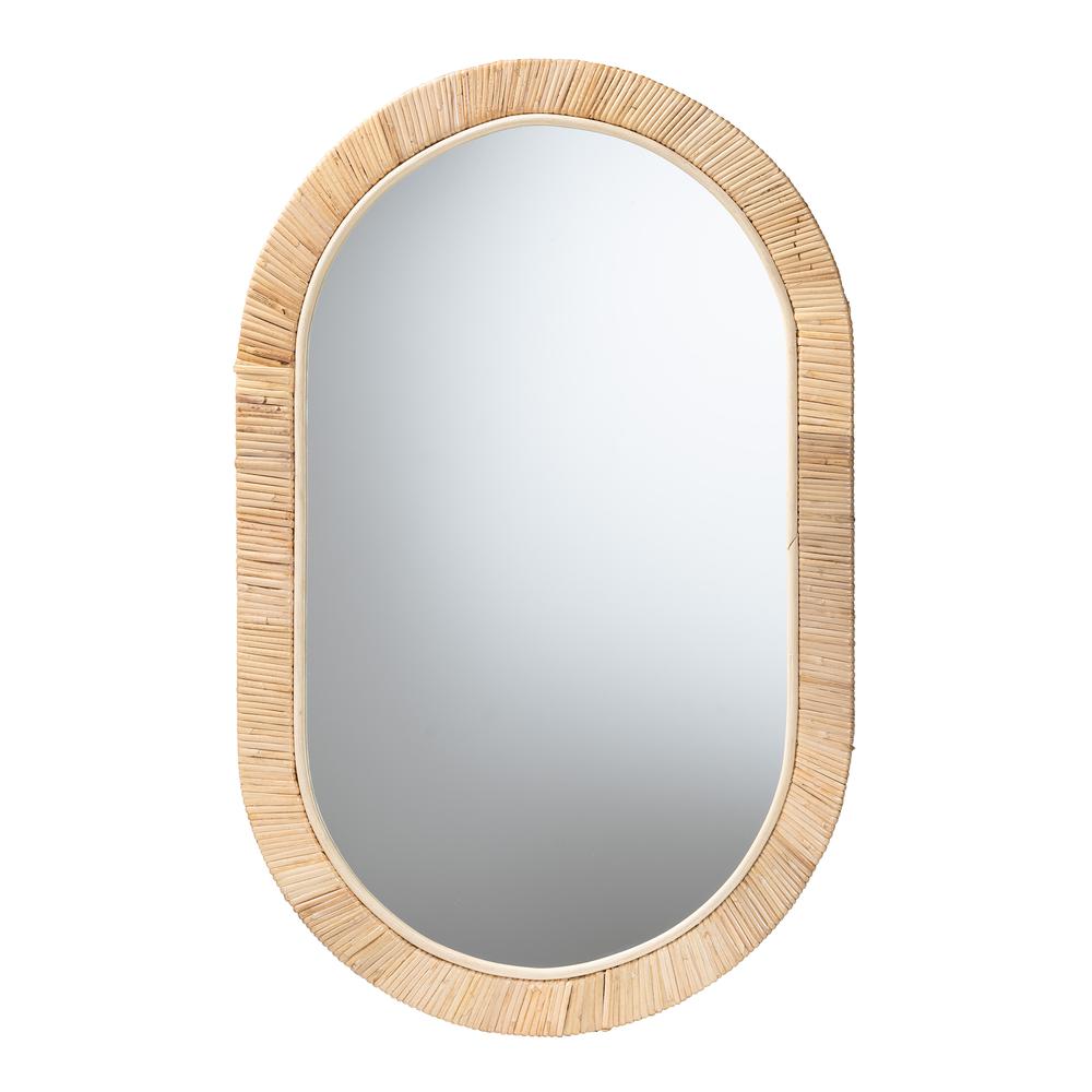 Modern Bohemian Natural Brown Mahogany Wood and Natural Rattan Oval Mirror. Picture 5