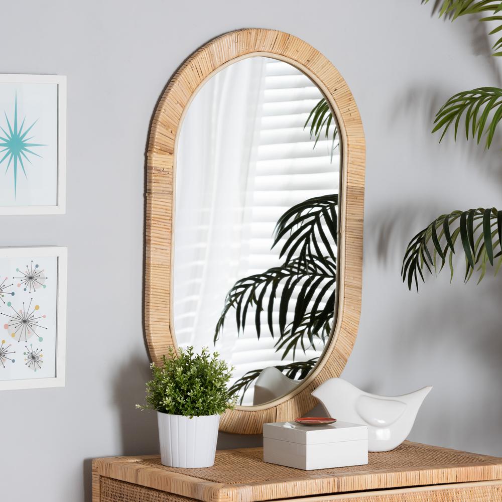 Modern Bohemian Natural Brown Mahogany Wood and Natural Rattan Oval Mirror. Picture 7