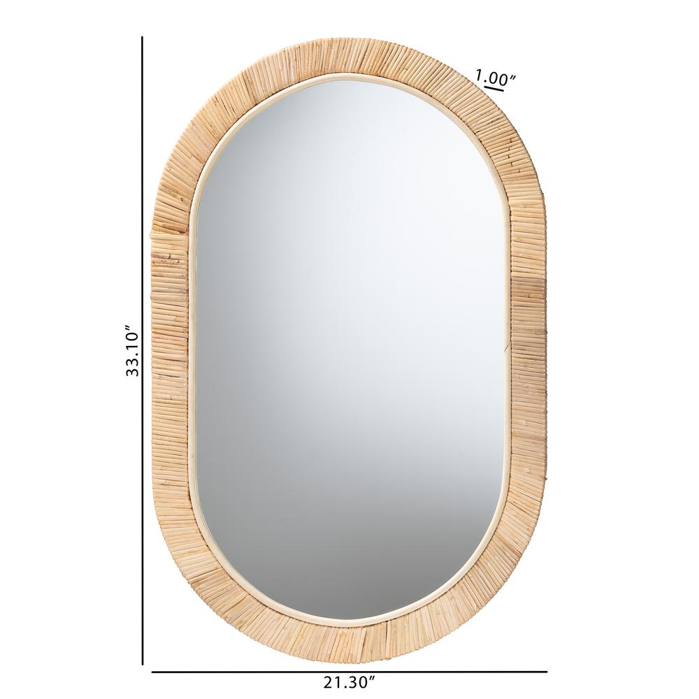 Modern Bohemian Natural Brown Mahogany Wood and Natural Rattan Oval Mirror. Picture 8