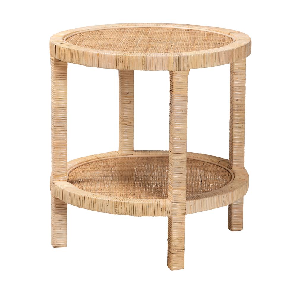 Bohemian Natural Brown Mahogany Wood and Natural Rattan 2-Tier End Table. Picture 9