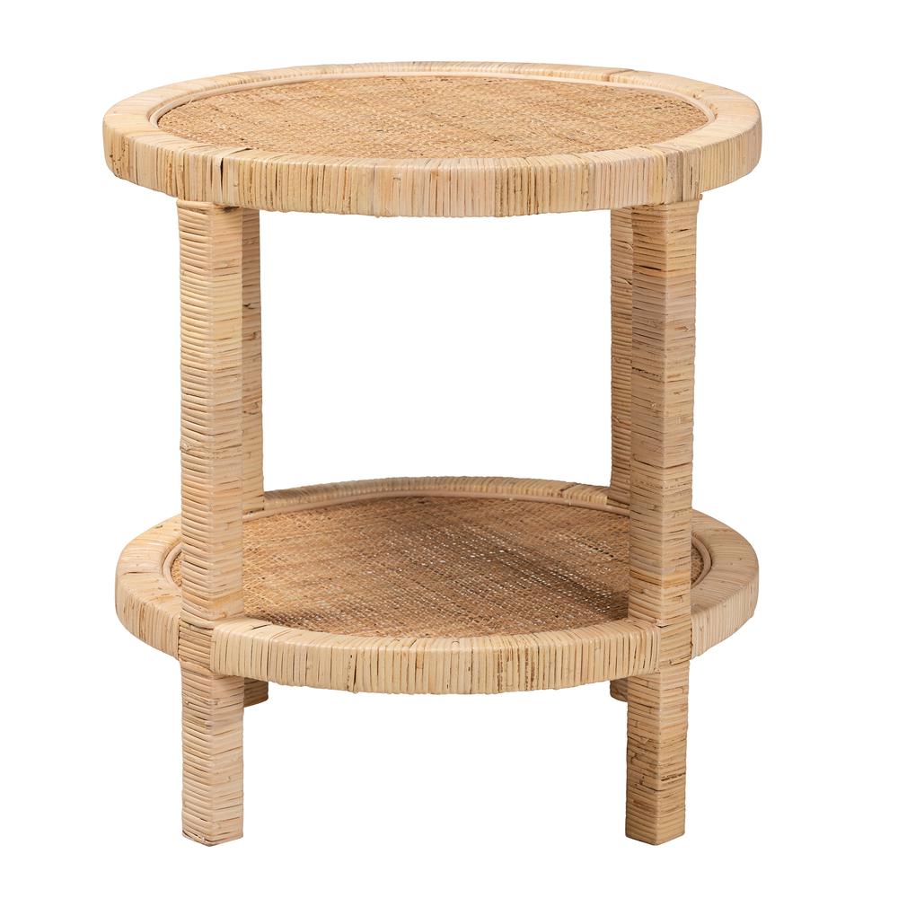 Bohemian Natural Brown Mahogany Wood and Natural Rattan 2-Tier End Table. Picture 10