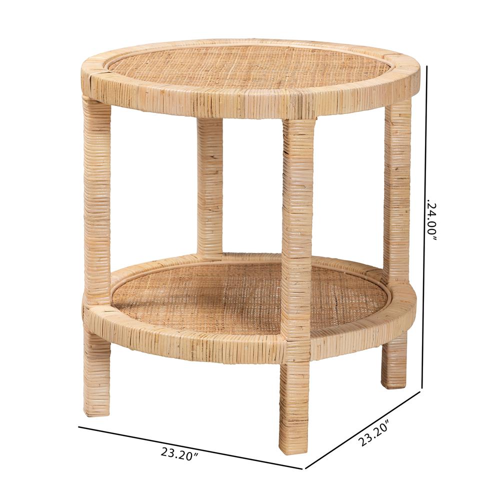 Bohemian Natural Brown Mahogany Wood and Natural Rattan 2-Tier End Table. Picture 16