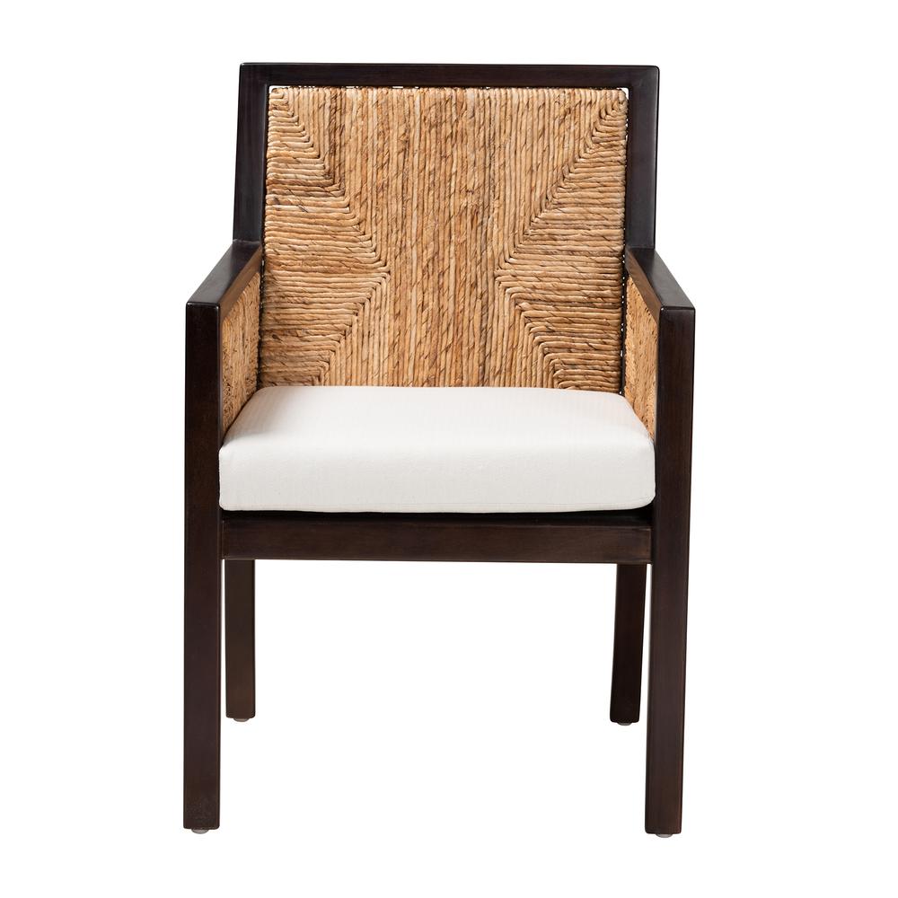 Bohemian Dark Brown Mahogany Wood and Natural Seagrass Dining Arm Chair. Picture 12