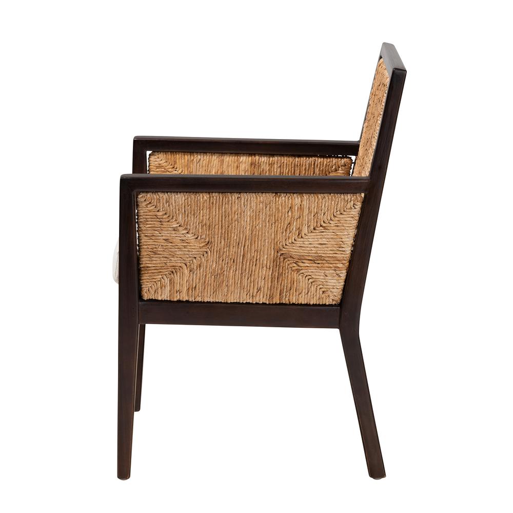 Bohemian Dark Brown Mahogany Wood and Natural Seagrass Dining Arm Chair. Picture 13