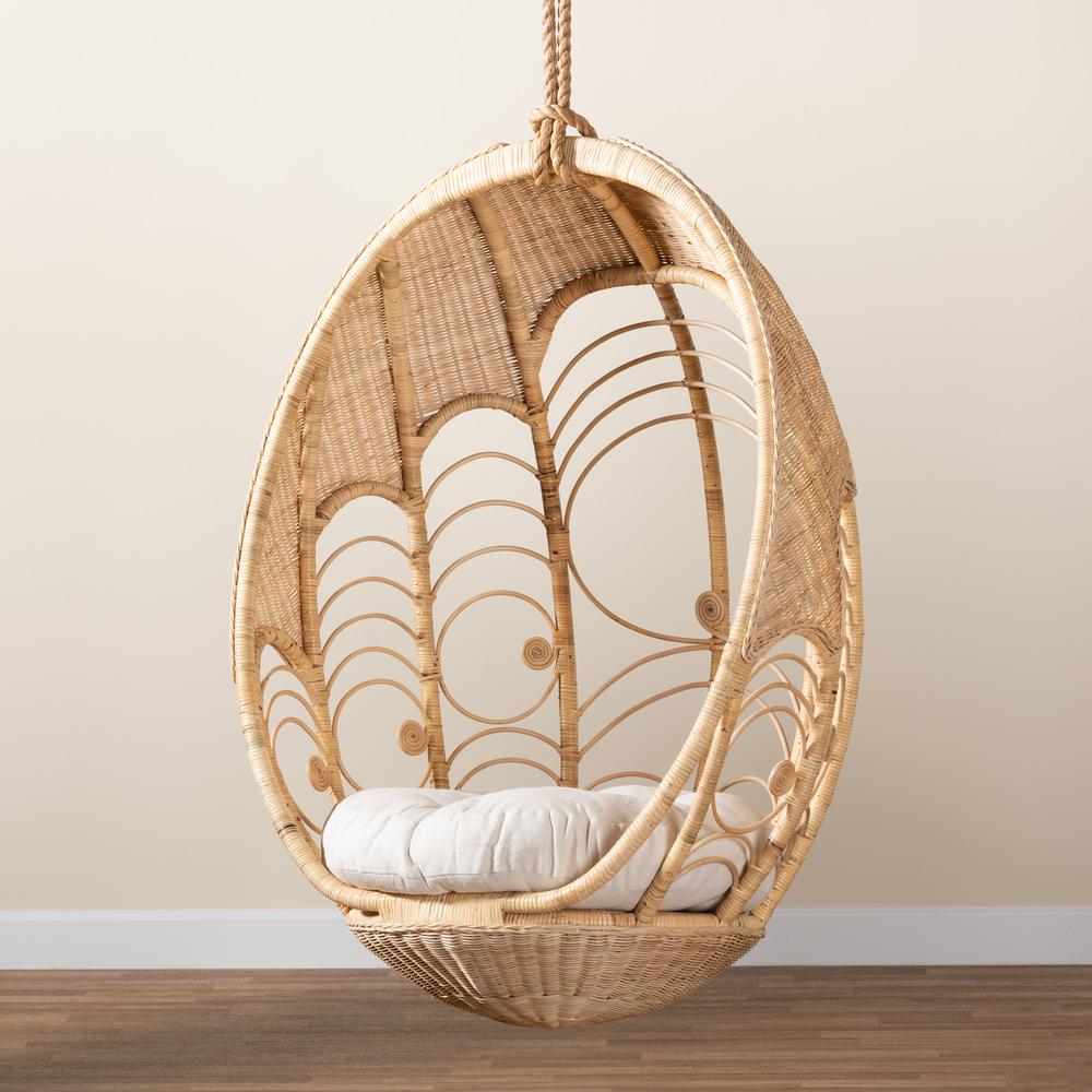 bali & pari Umika Modern Bohemian Natural Brown Rattan Hanging Chair. Picture 17