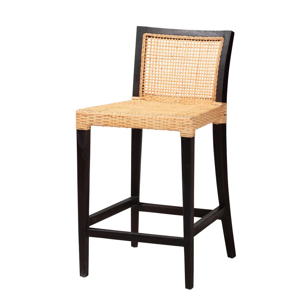 Bohemian Dark Brown Mahogany Wood and Natural Rattan Counter Stool. Picture 11