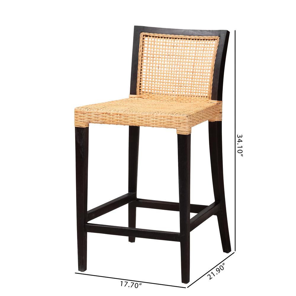 Bohemian Dark Brown Mahogany Wood and Natural Rattan Counter Stool. Picture 20