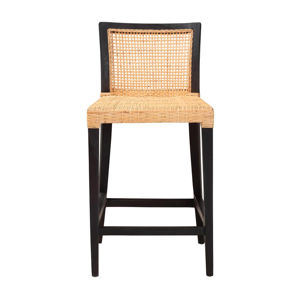 Bohemian Dark Brown Mahogany Wood and Natural Rattan Counter Stool. Picture 12