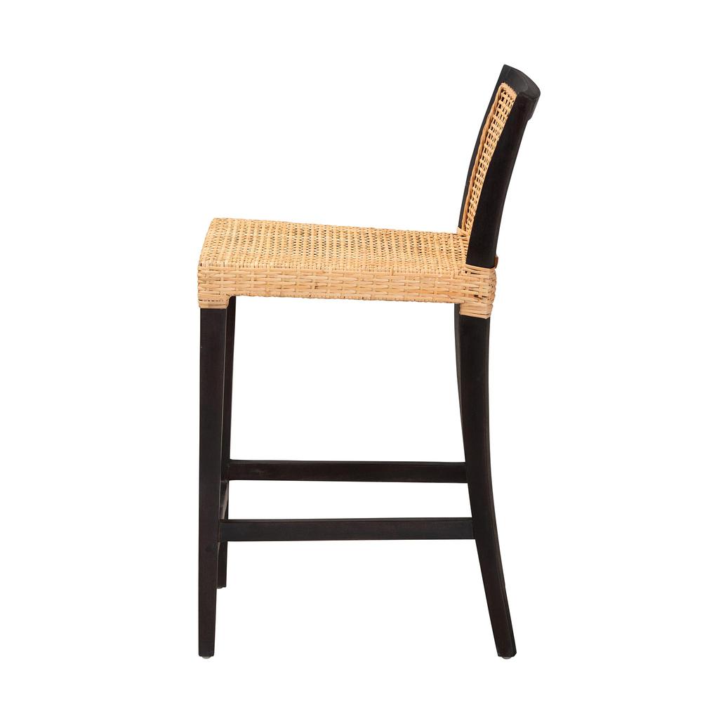 Bohemian Dark Brown Mahogany Wood and Natural Rattan Counter Stool. Picture 13
