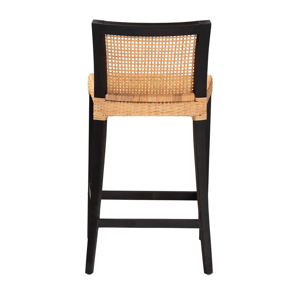 Bohemian Dark Brown Mahogany Wood and Natural Rattan Counter Stool. Picture 14
