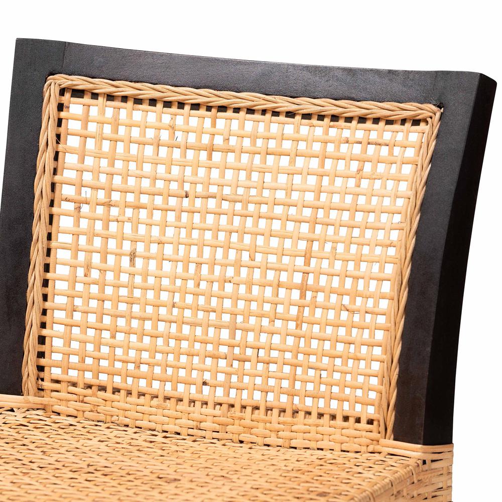 Bohemian Dark Brown Mahogany Wood and Natural Rattan Counter Stool. Picture 15