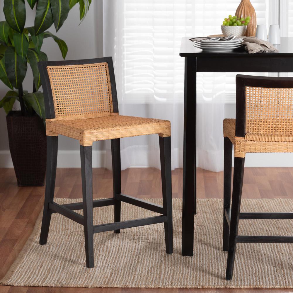 Bohemian Dark Brown Mahogany Wood and Natural Rattan Counter Stool. Picture 18