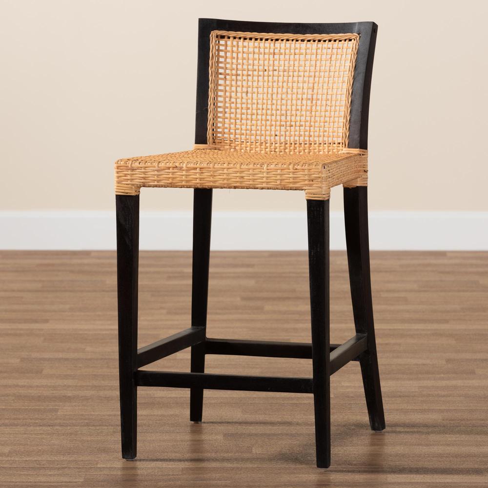 Bohemian Dark Brown Mahogany Wood and Natural Rattan Counter Stool. Picture 19