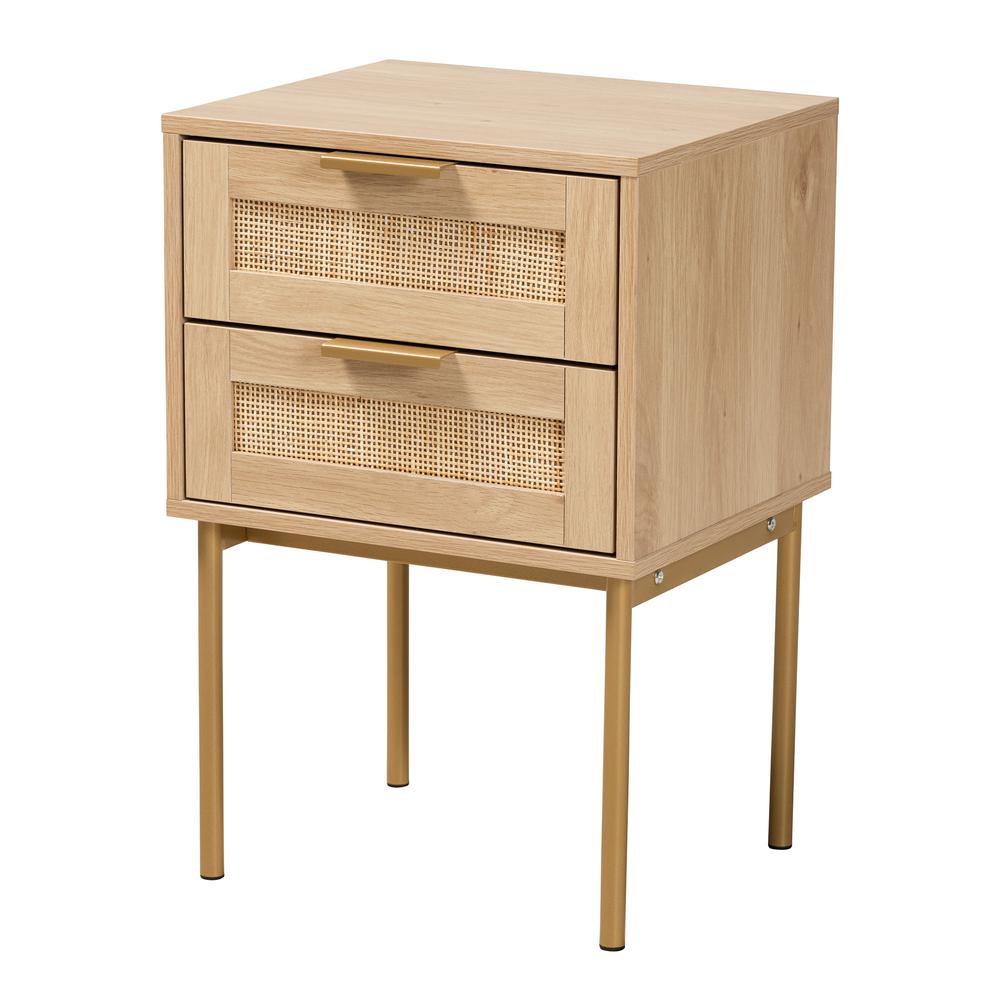 Dewitt Japandi Light Brown Finished Wood and Gold Metal 2-Drawer End Table. Picture 11