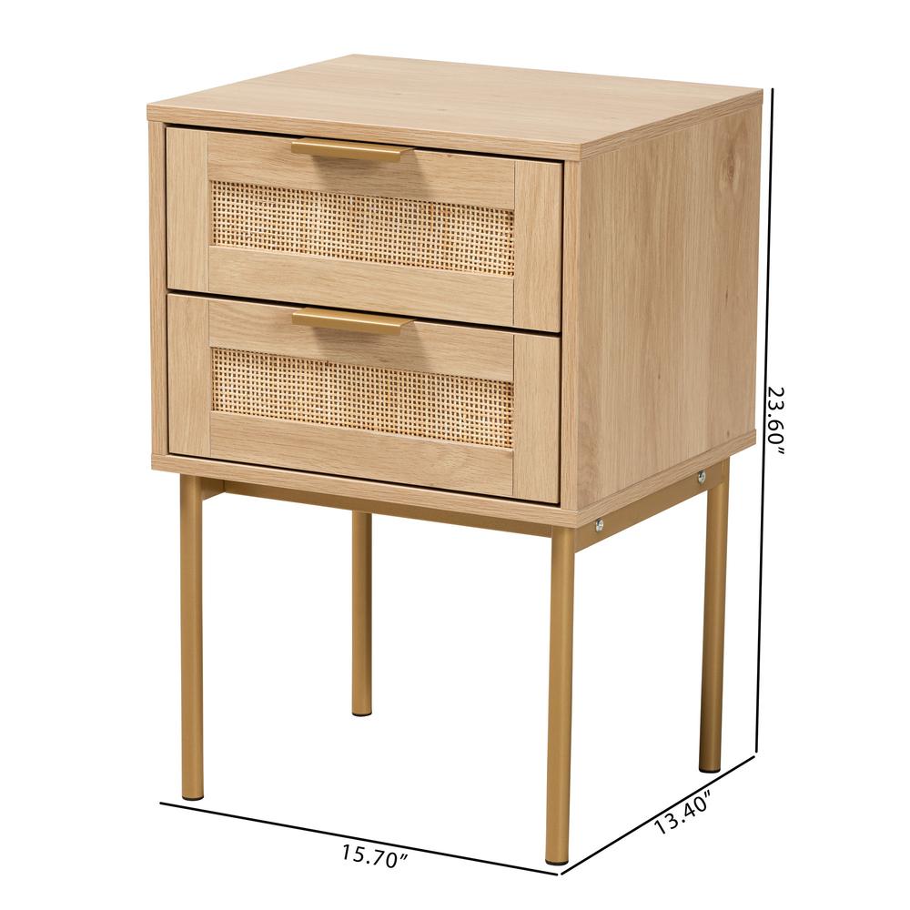 Dewitt Japandi Light Brown Finished Wood and Gold Metal 2-Drawer End Table. Picture 20
