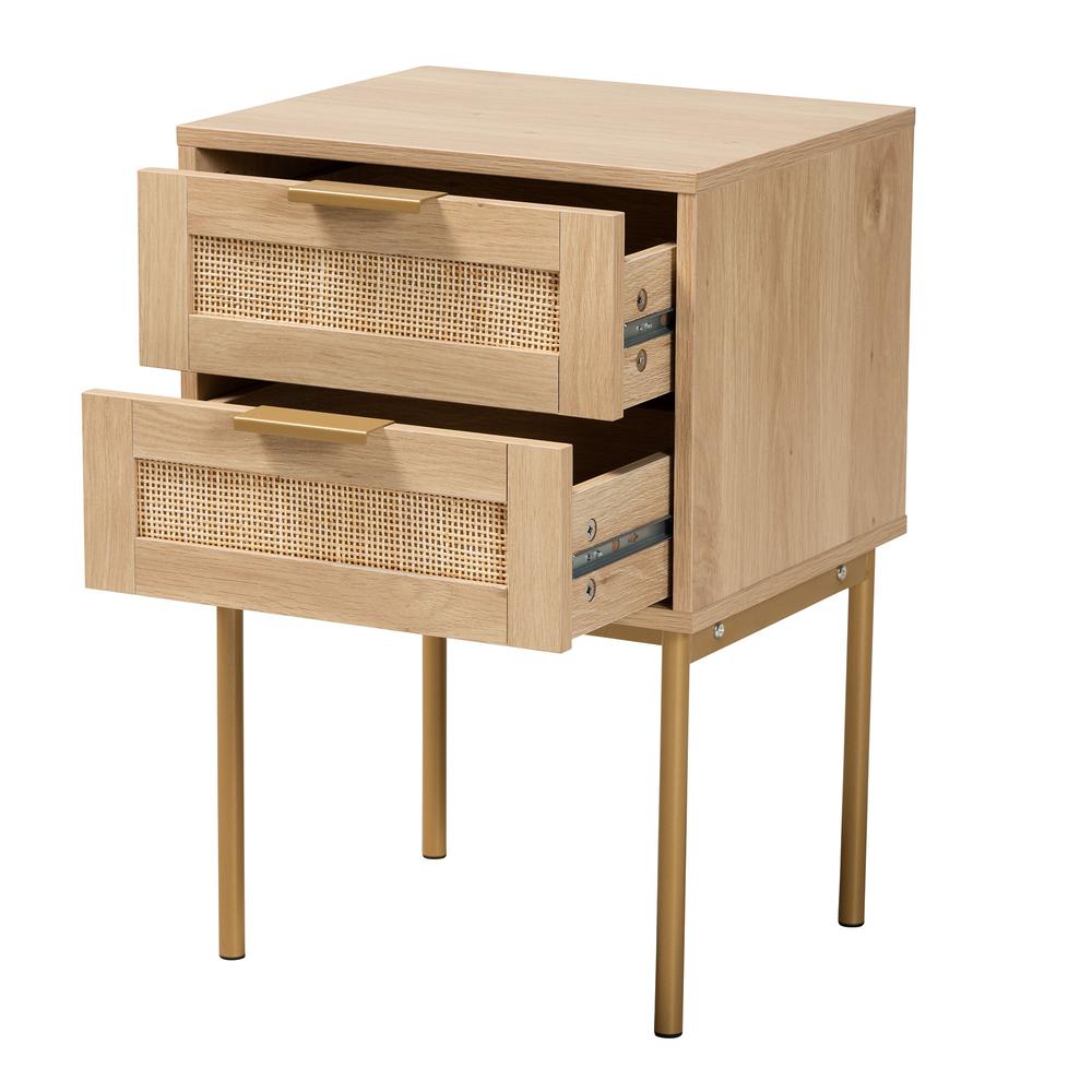 Dewitt Japandi Light Brown Finished Wood and Gold Metal 2-Drawer End Table. Picture 12
