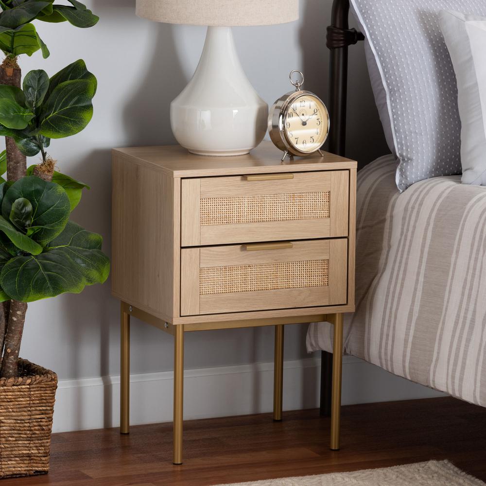 Dewitt Japandi Light Brown Finished Wood and Gold Metal 2-Drawer End Table. Picture 18