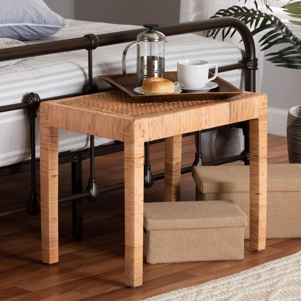 Bohemian Natural Rattan and Mahogany Wood Short Accent Bench. Picture 14