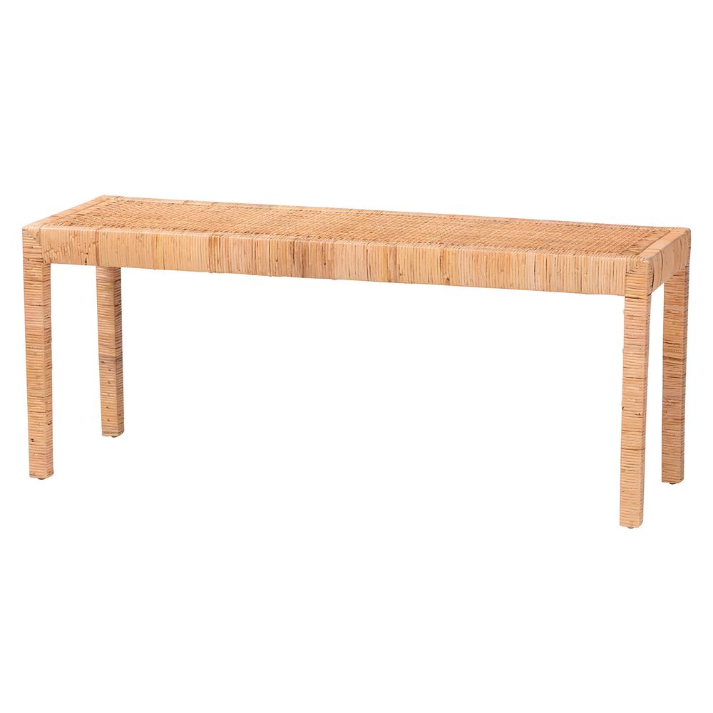 Bohemian Natural Rattan and Mahogany Wood Long Accent Bench. Picture 9
