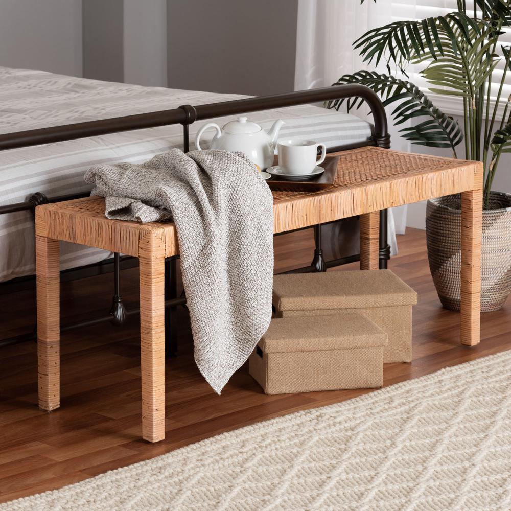 Bohemian Natural Rattan and Mahogany Wood Long Accent Bench. Picture 14