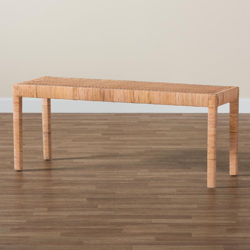 Bohemian Natural Rattan and Mahogany Wood Long Accent Bench. Picture 15