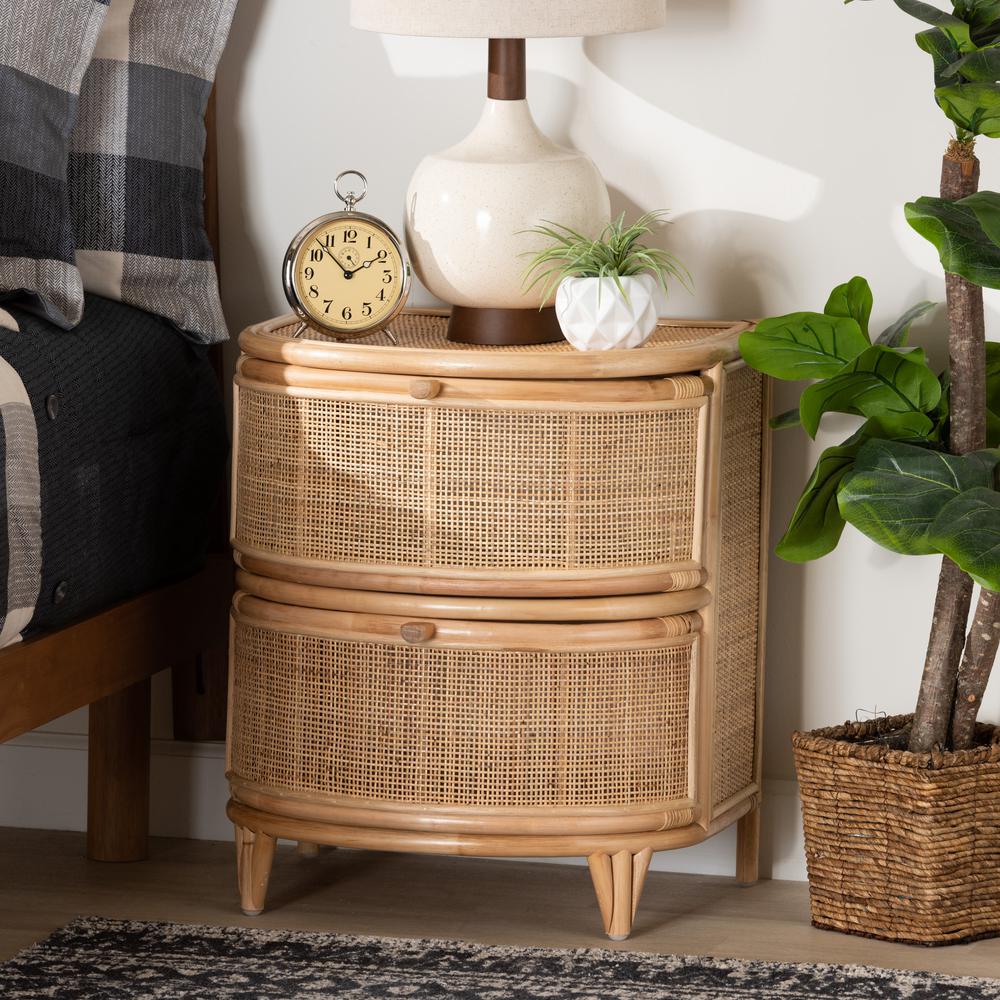 bali & pari Oleta Modern Bohemian Natural Brown Rattan 2-Drawer Nightstand. Picture 18