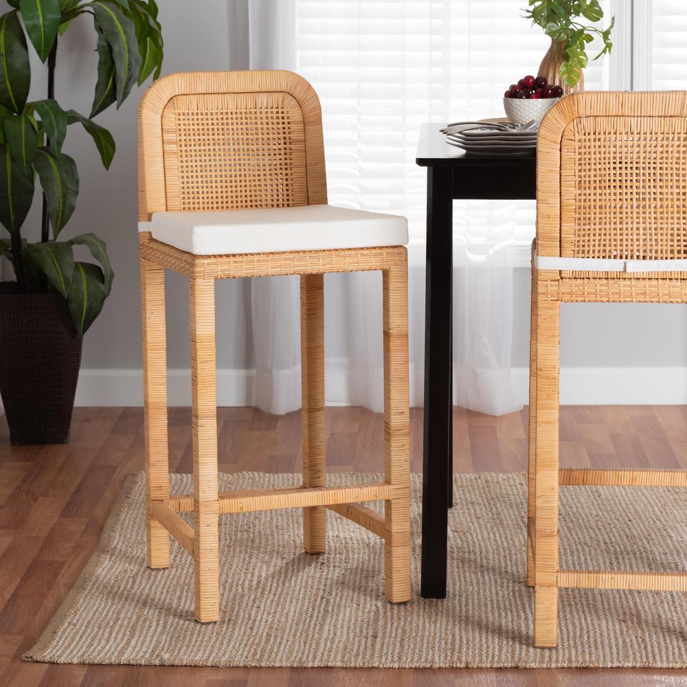 Bohemian Natural Brown Rattan and Mahogany Wood Bar Stool. Picture 18