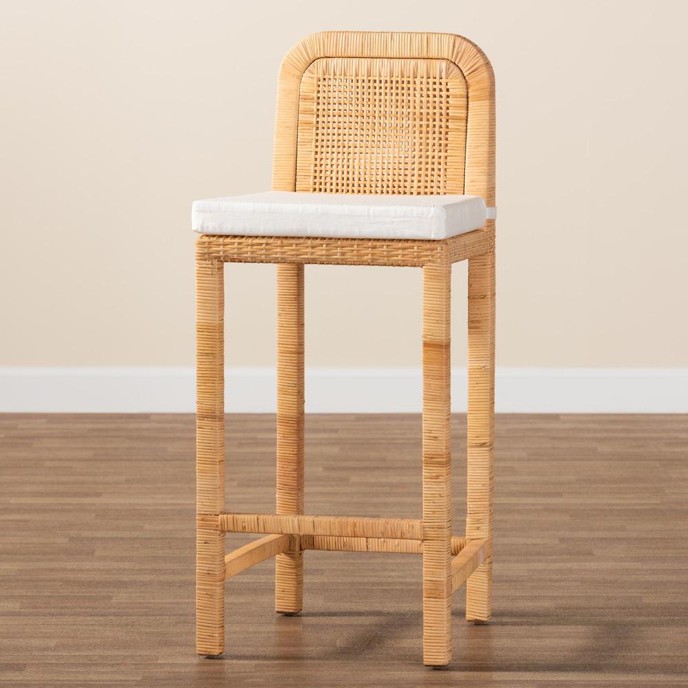 Bohemian Natural Brown Rattan and Mahogany Wood Bar Stool. Picture 19