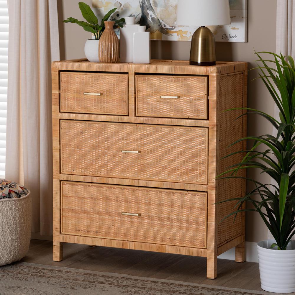 Bohemian Natural Brown Rattan and Mahogany Wood Storage Cabinet. Picture 17