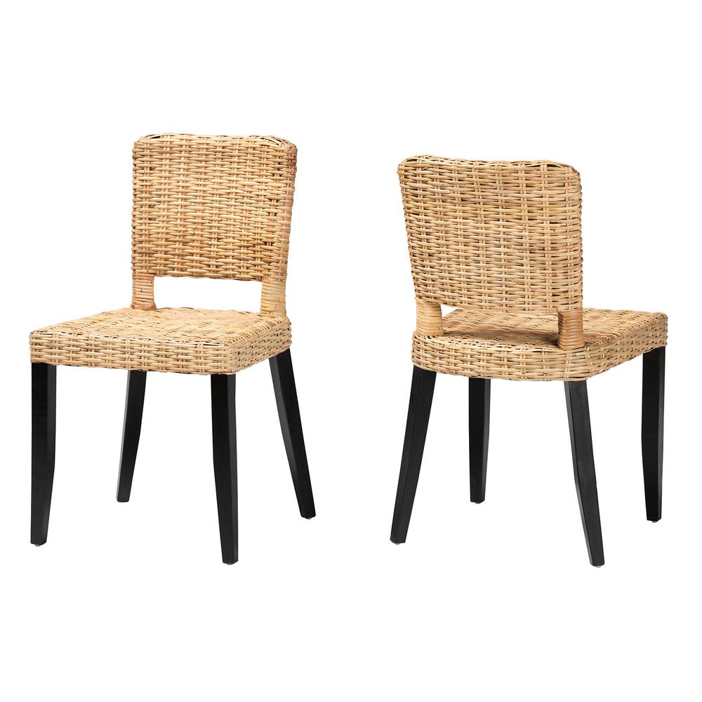Bohemian Dark Brown Finished Wood and Natural Rattan 2-Piece Dining Chair Set. Picture 10