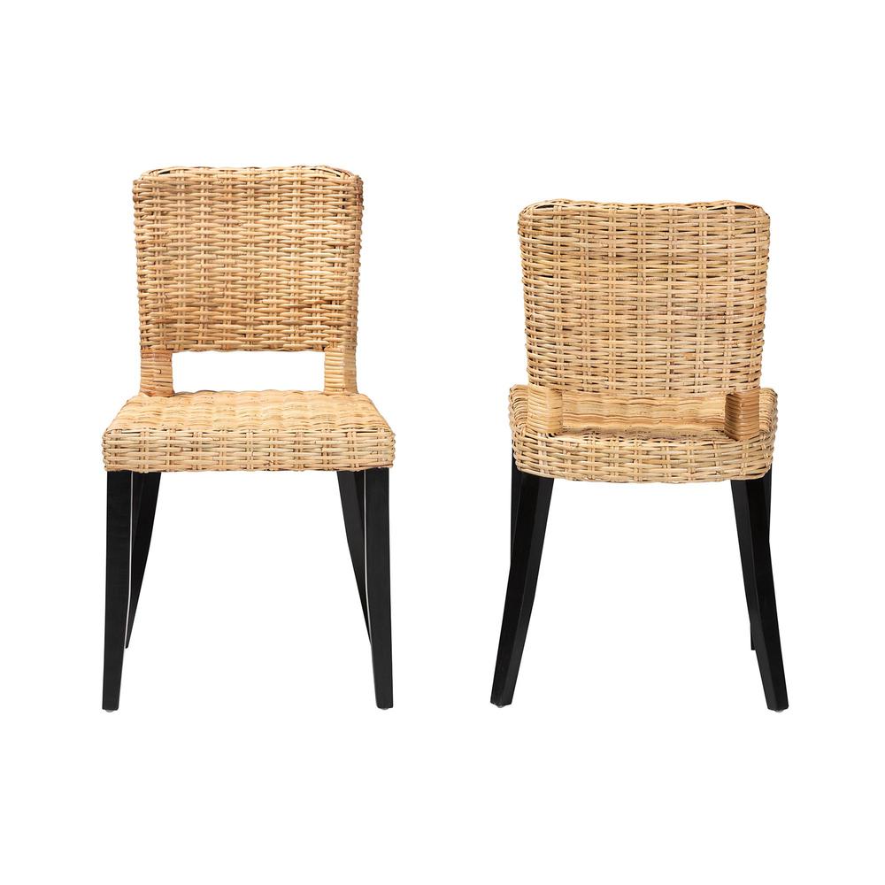 Bohemian Dark Brown Finished Wood and Natural Rattan 2-Piece Dining Chair Set. Picture 11